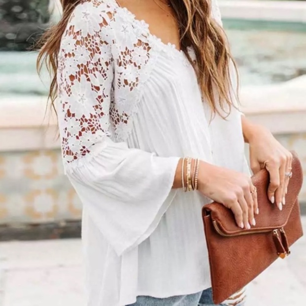 SOLD OUT White Boho Crochet Lace Button Up Blouse Top - Picture 1 of 4